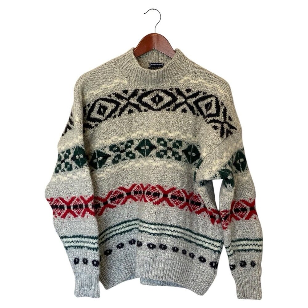 Wilker Works Knitted 80's Sweater Gray Red Black Men's M Vintage Made Scotland